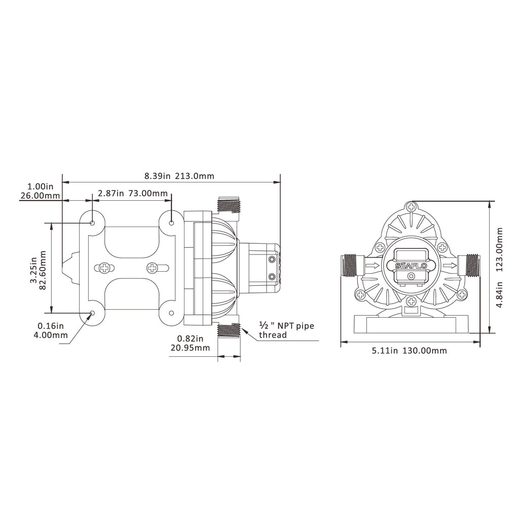 SEAFLO 3-Kammer Membranpumpe der Serie 33, 11,3L/min 3,1bar, IP20 Nur ...